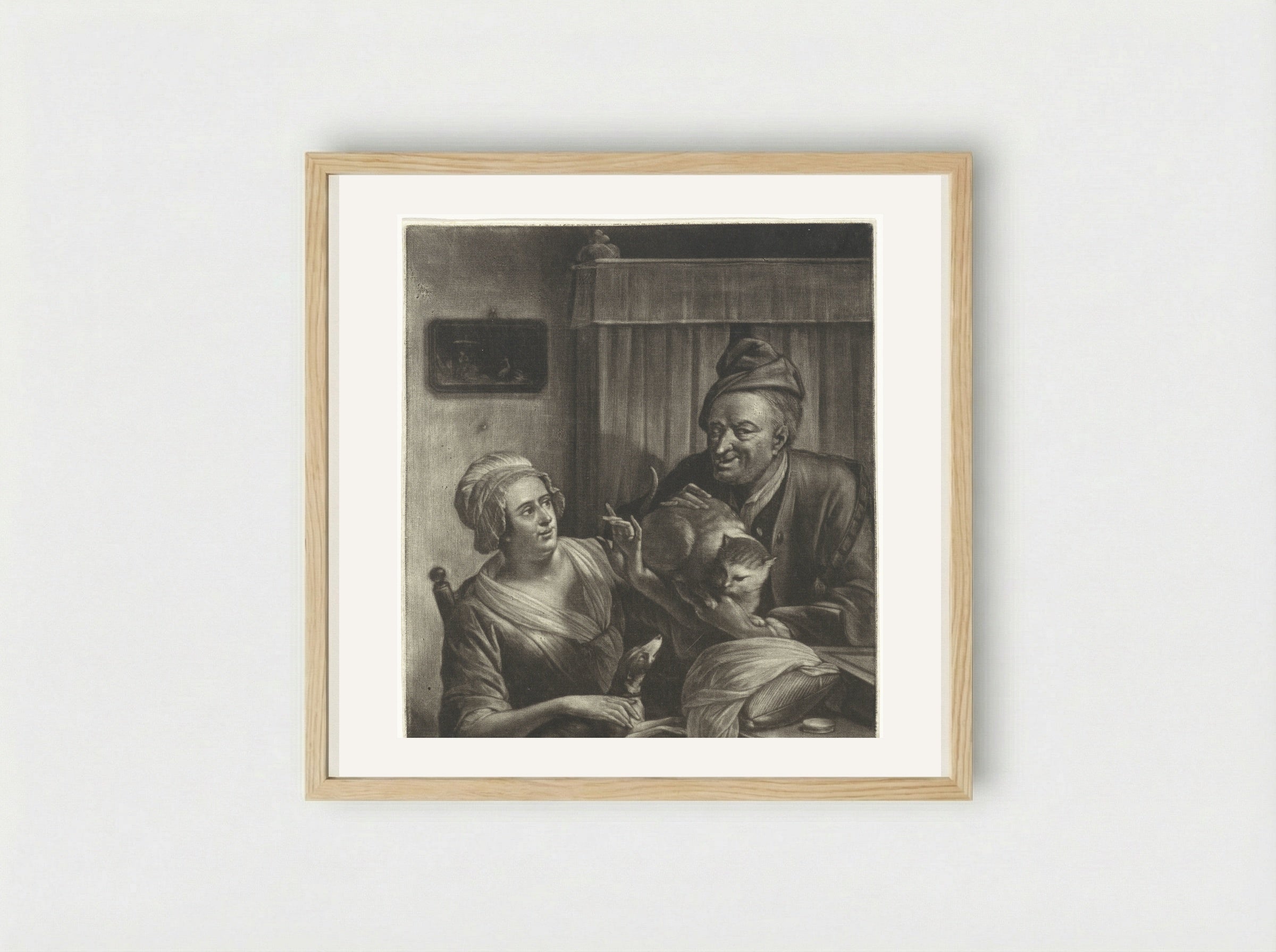 Twee figuren met een hond en een kat - Aert Schouman - Framed Print Wood