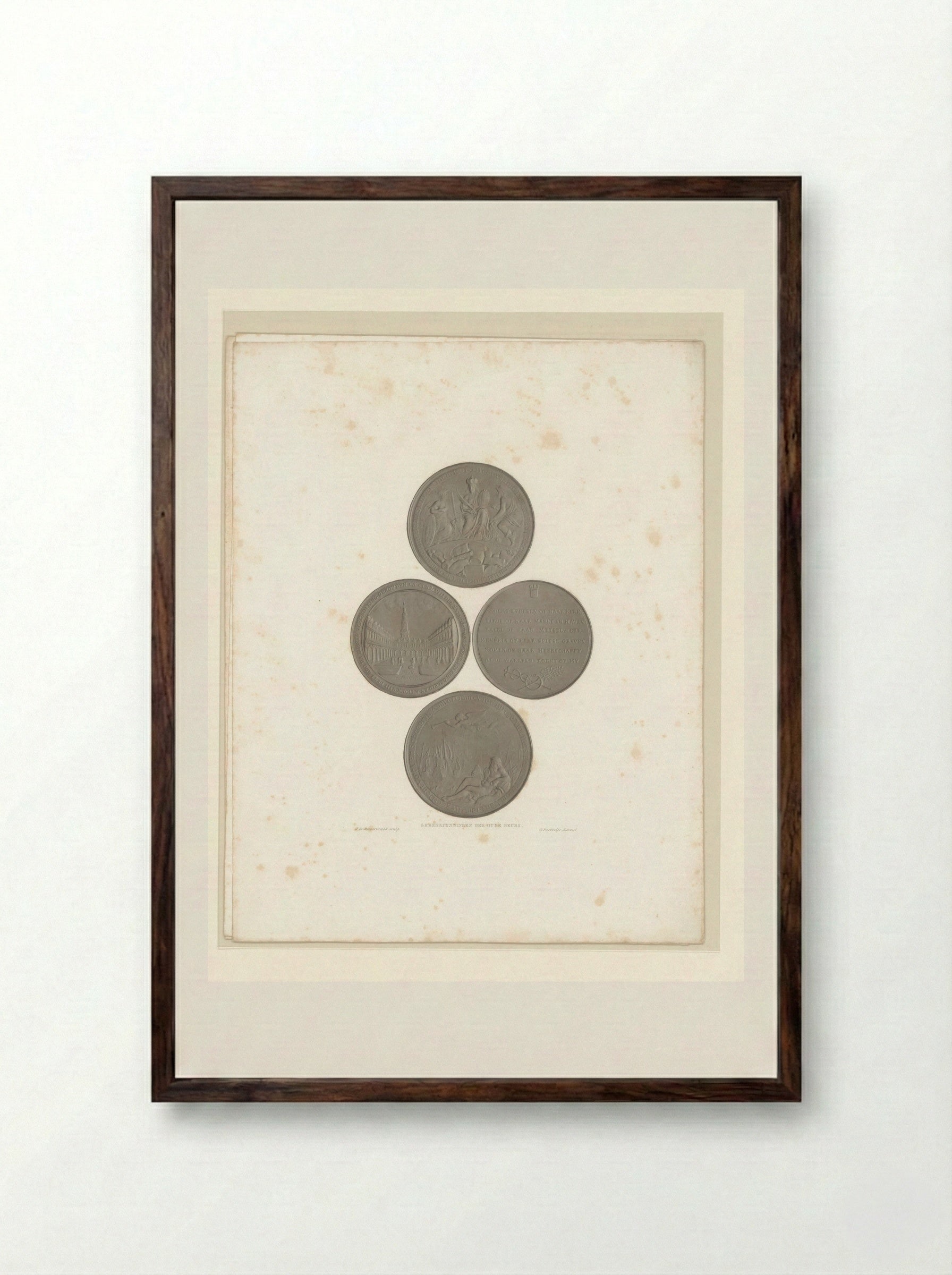 Twee gedenkpenningen op de Beurs van Hendrik de Keyser te Amsterdam - Jan Dam Steuerwald - Framed Print Dark Wood