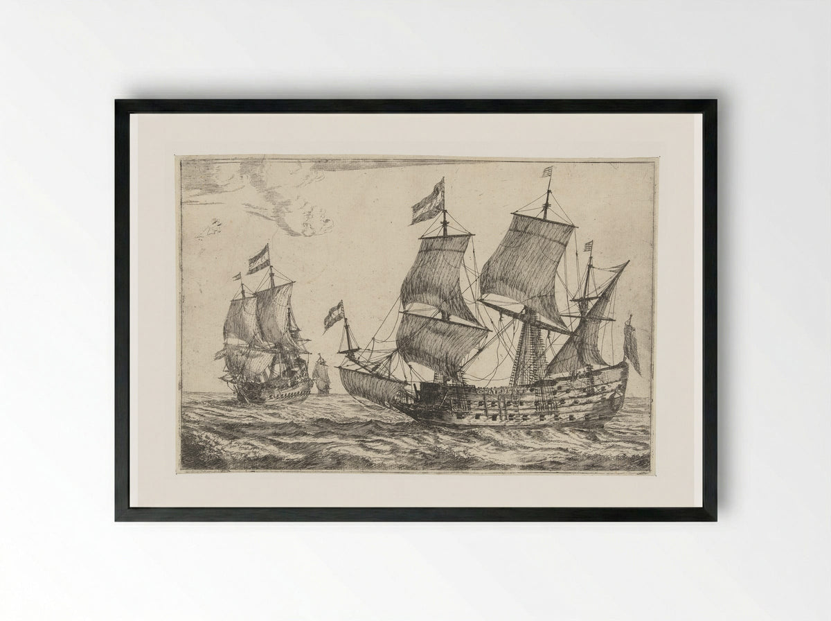 Twee grote oorlogsschepen - Reinier Nooms - Framed Print Black