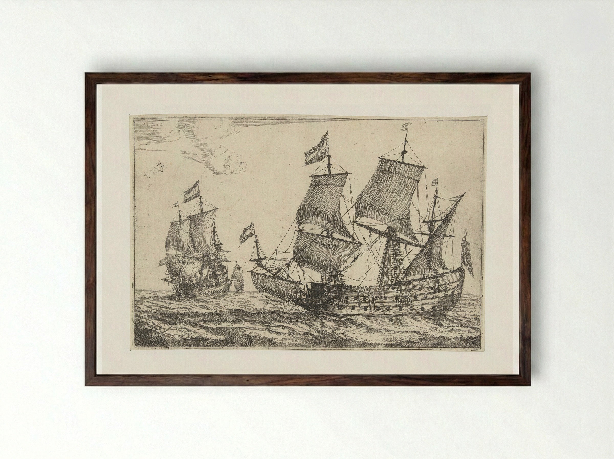 Twee grote oorlogsschepen - Reinier Nooms - Framed Print Dark Wood