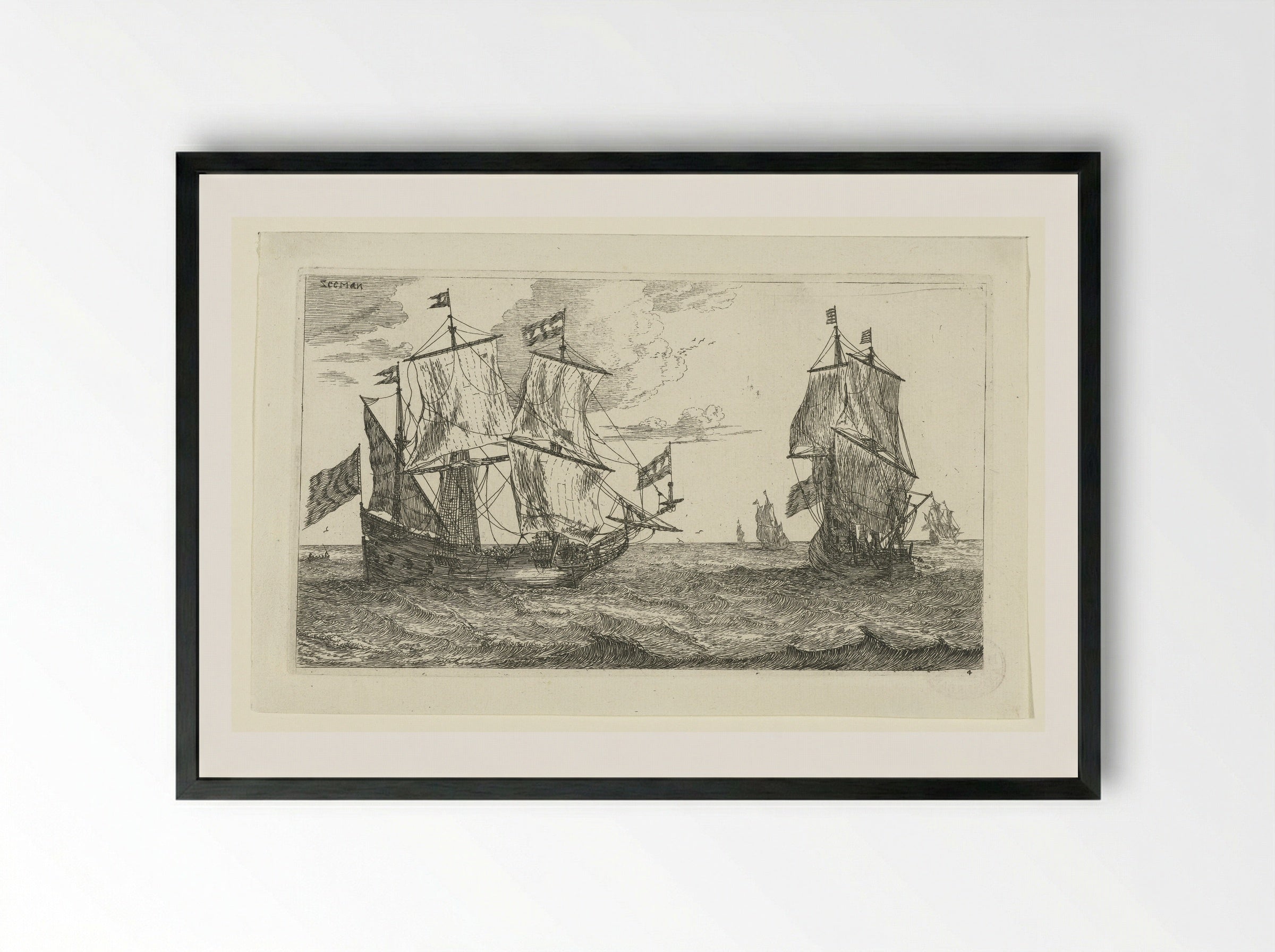 Twee grote zeilschepen met vlaggen - Jacques van Merlen - Framed Print Black