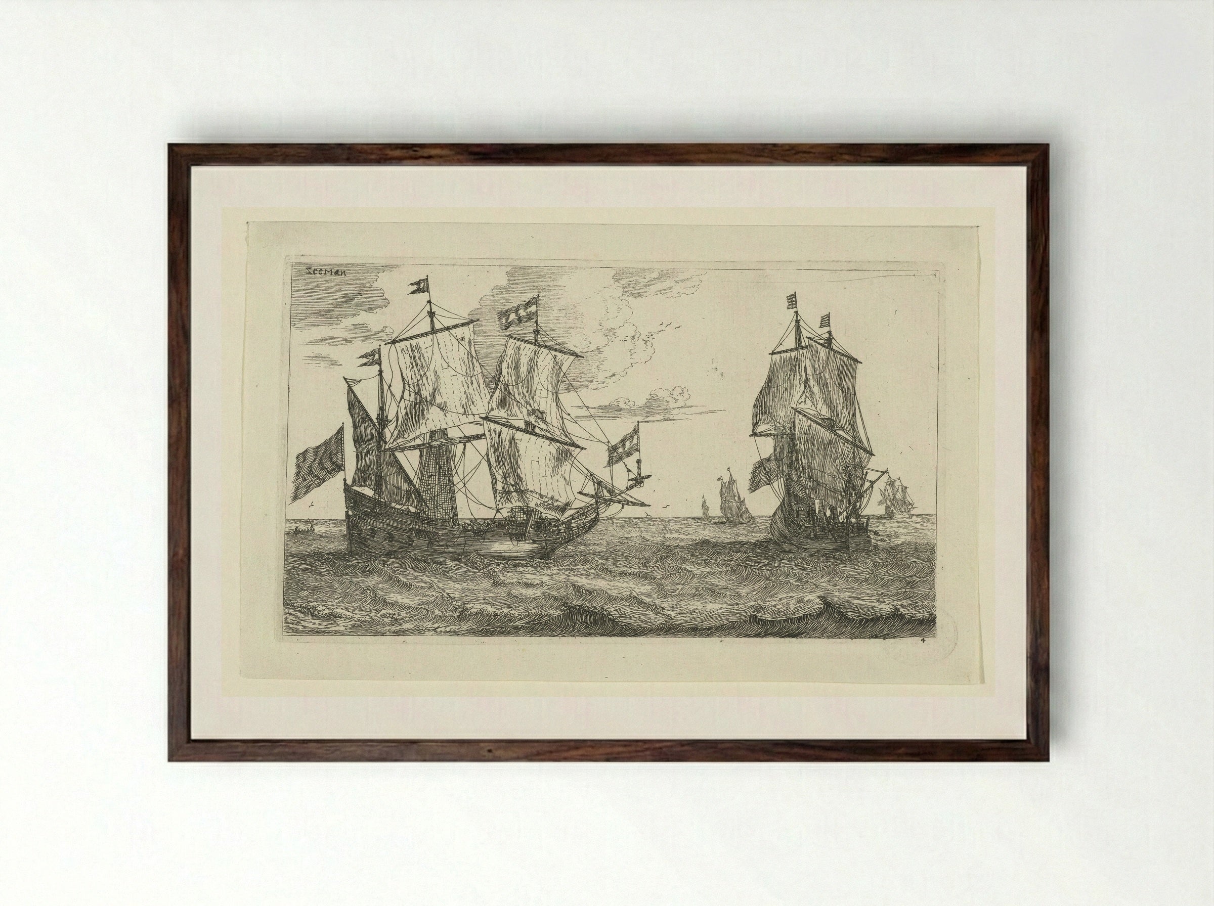 Twee grote zeilschepen met vlaggen - Jacques van Merlen - Framed Print Dark Wood