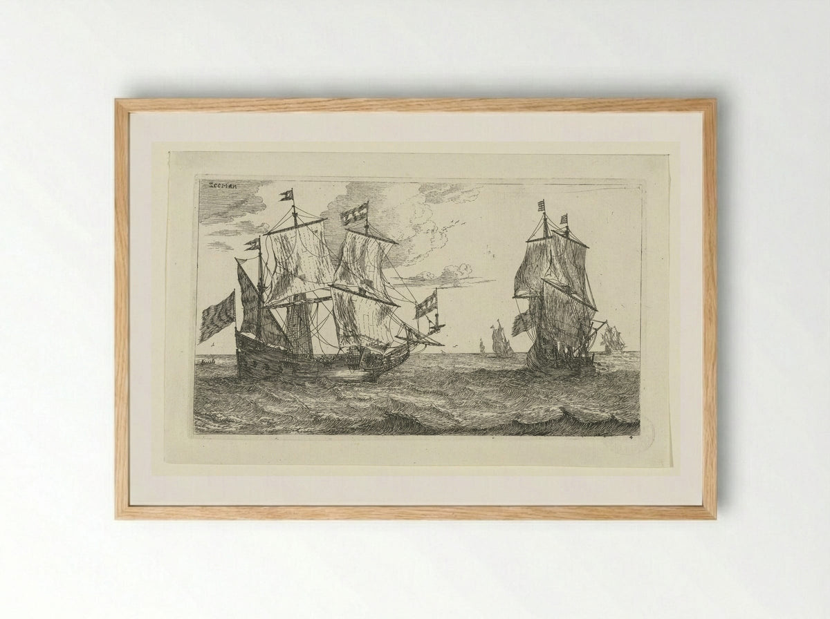 Twee grote zeilschepen met vlaggen - Jacques van Merlen - Framed Print Wood