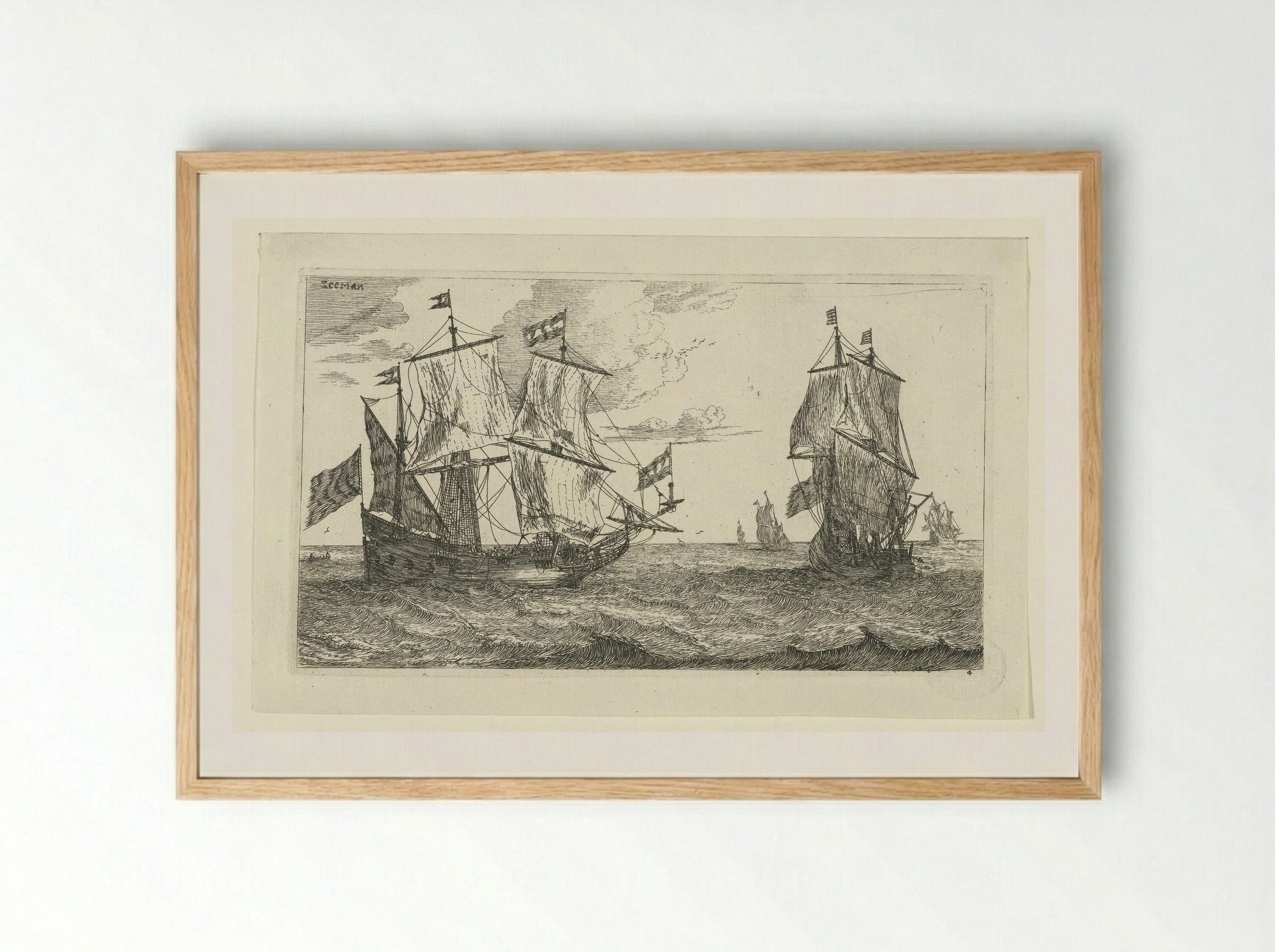 Twee grote zeilschepen met vlaggen - Jacques van Merlen - Framed Print Wood