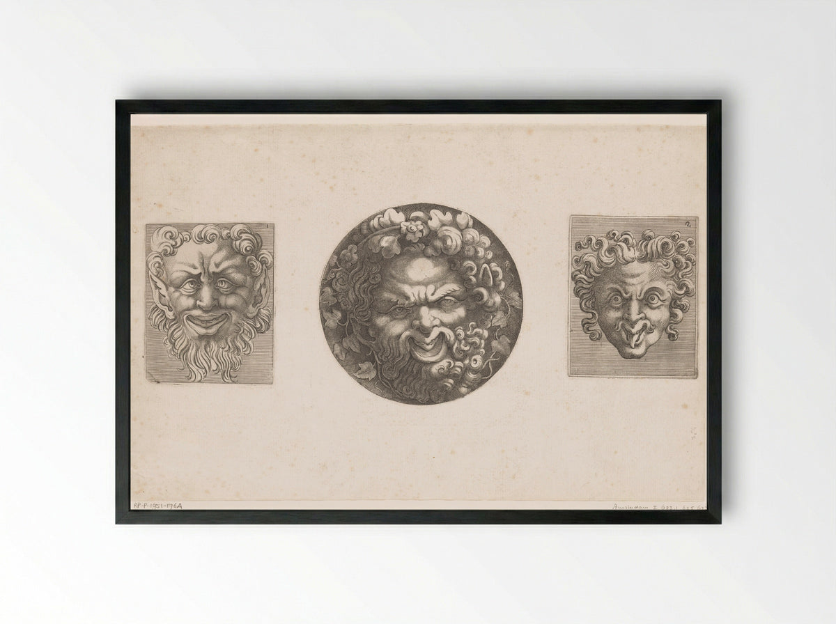 Twee groteske maskers en Silenus - Adamo Scultori - Framed Print Black