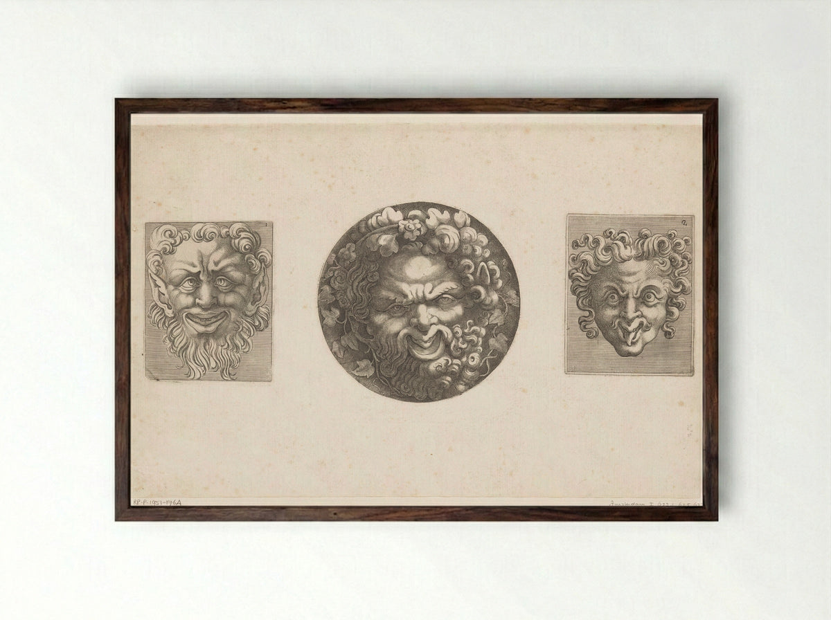 Twee groteske maskers en Silenus - Adamo Scultori - Framed Print Dark Wood