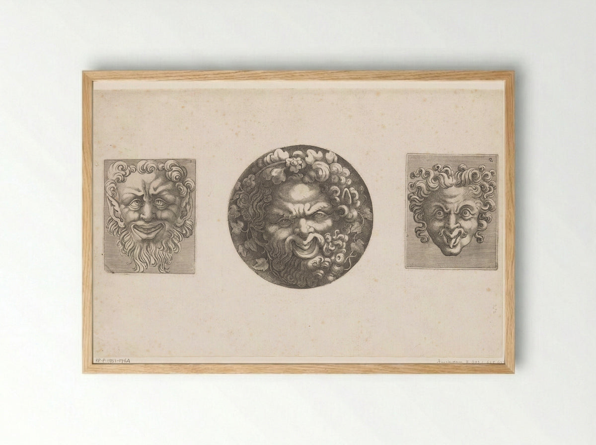 Twee groteske maskers en Silenus - Adamo Scultori - Framed Print Wood