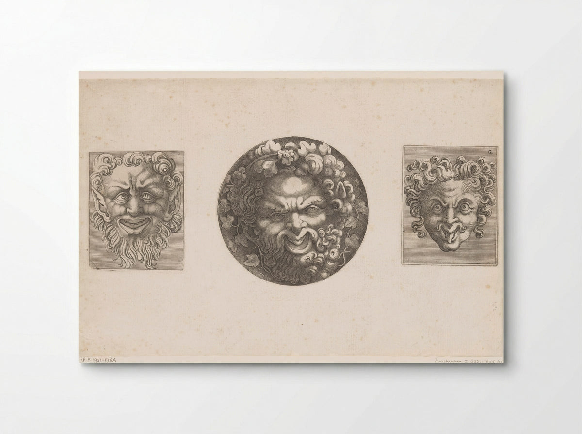 Twee groteske maskers en Silenus - Adamo Scultori - Poster