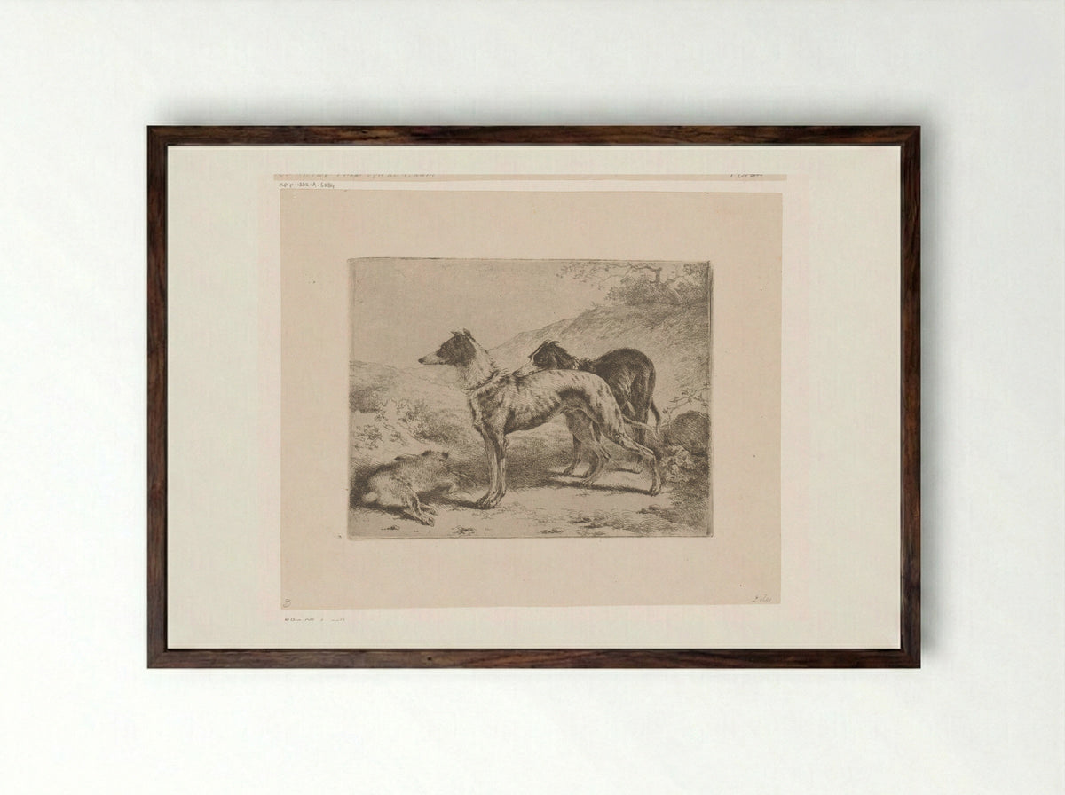 Twee hazewindhonden bij een dode haas - Joseph Moerenhout - Framed Print Dark Wood