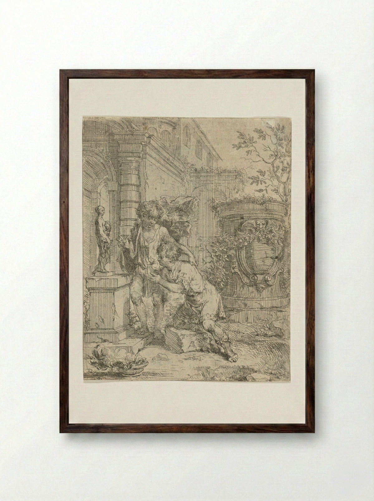 Twee jongens bij beeldje van Venus - Louis de Deyster - Framed Print Dark Wood