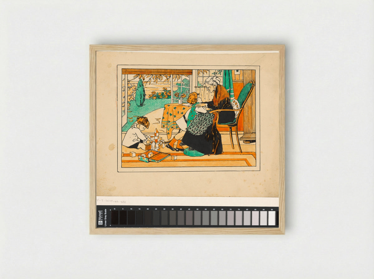 Twee kinderen en een oude vrouw in een interieur - Nelly Spoor - Framed Print Wood