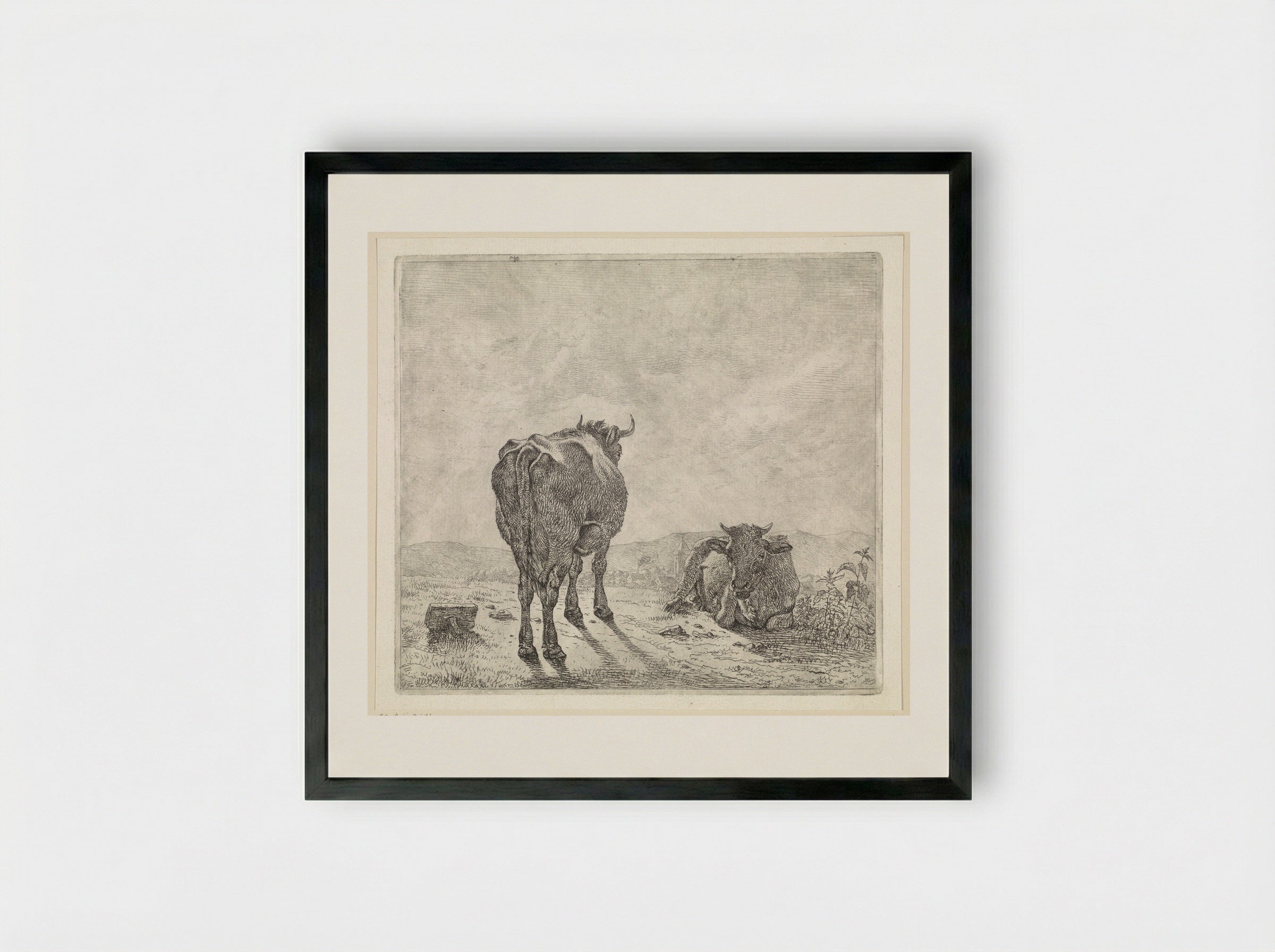Twee koeien en op de achtergrond een dorp - Wouter Johannes van Troostwijk - Framed Print Black