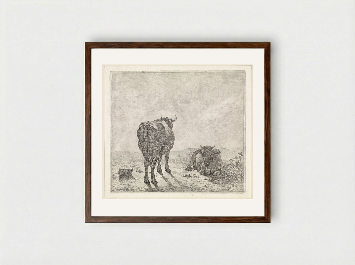Twee koeien en op de achtergrond een dorp - Wouter Johannes van Troostwijk - Framed Print Dark Wood