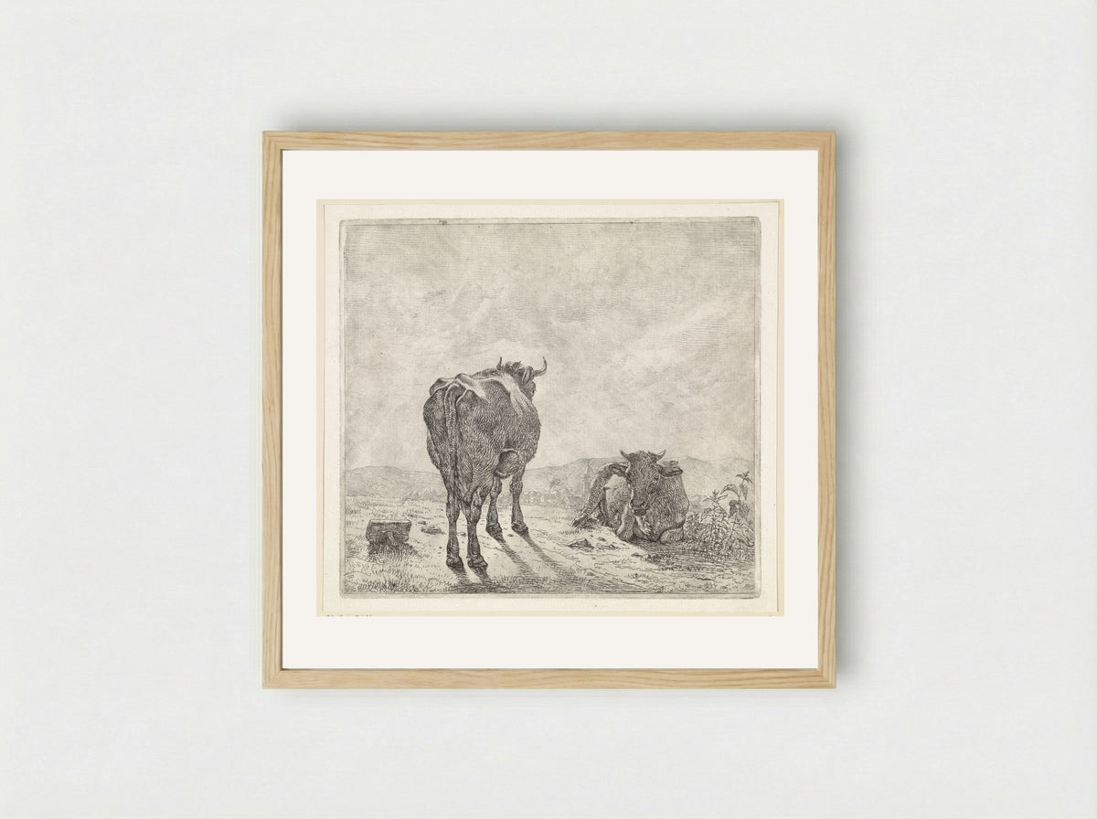 Twee koeien en op de achtergrond een dorp - Wouter Johannes van Troostwijk - Framed Print Wood