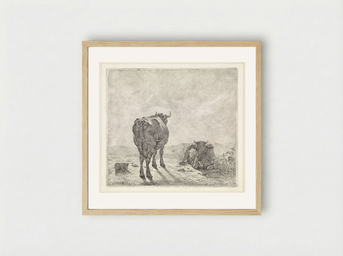 Twee koeien en op de achtergrond een dorp - Wouter Johannes van Troostwijk - Framed Print Wood