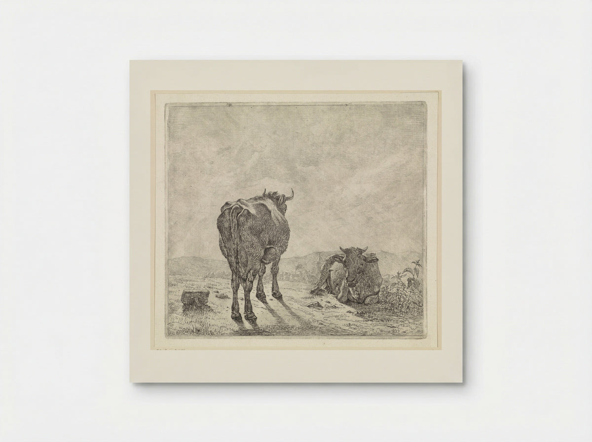Twee koeien en op de achtergrond een dorp - Wouter Johannes van Troostwijk - Poster