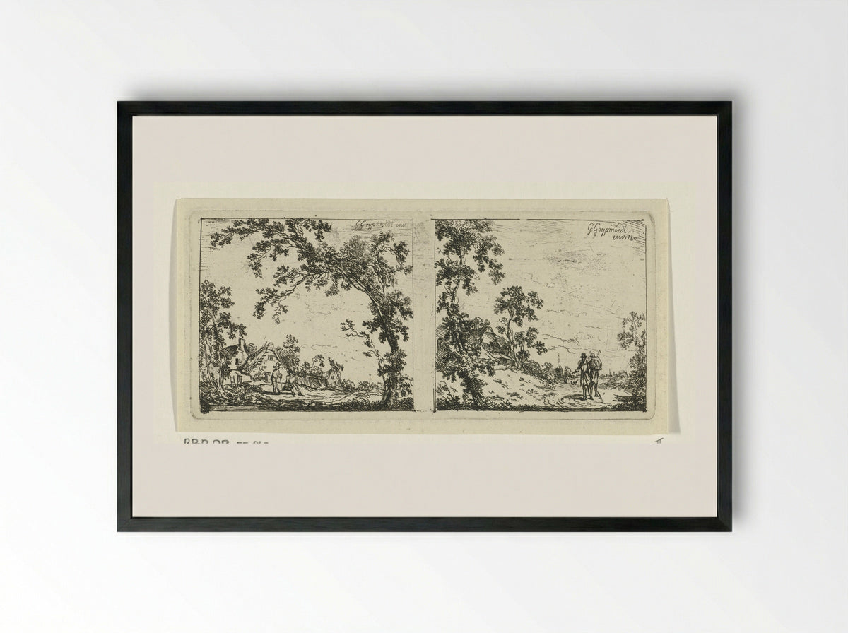 Twee landschappen met wandelaars - Geerlig Grijpmoed - Framed Print Black
