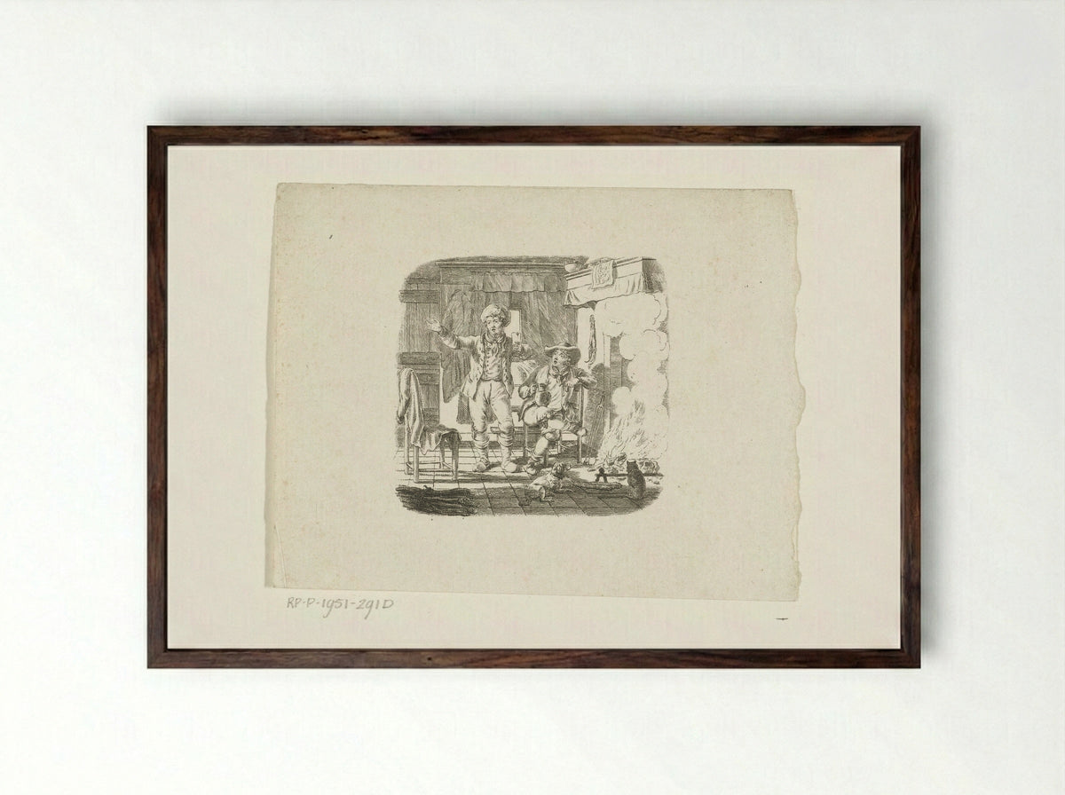 Twee mannen in gesprek bij haardvuur - Johannes Christiaan Bendorp - Framed Print Dark Wood