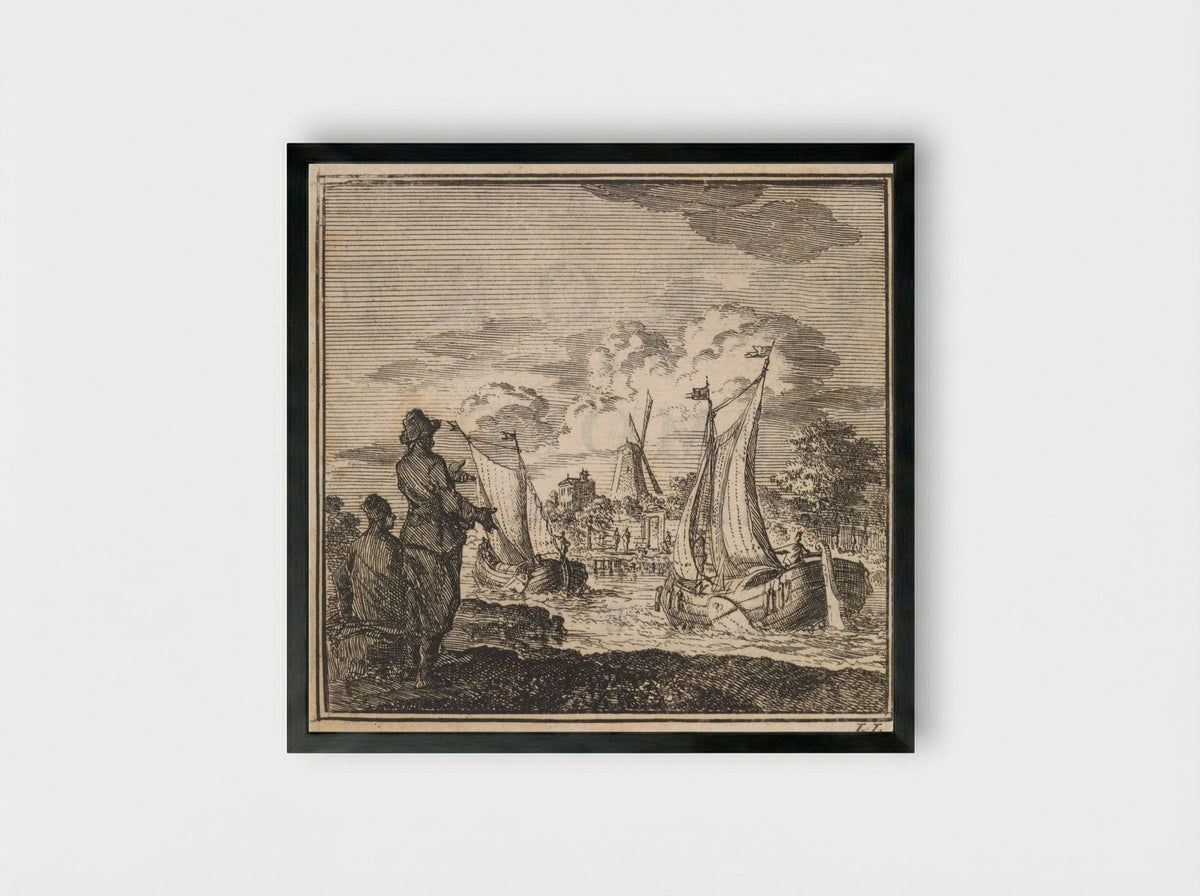 Twee mannen kijken naar voorbij zeilende schepen - Arentsz & Cornelis van der Sys, weduwe Pieter (II) - Framed Print Black