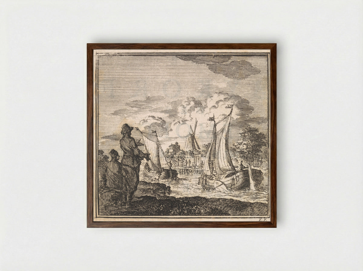 Twee mannen kijken naar voorbij zeilende schepen - Arentsz & Cornelis van der Sys, weduwe Pieter (II) - Framed Print Dark Wood