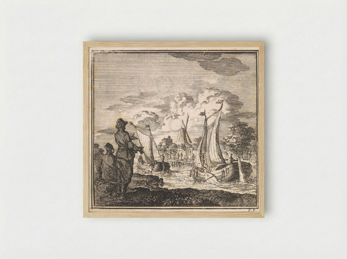 Twee mannen kijken naar voorbij zeilende schepen - Arentsz & Cornelis van der Sys, weduwe Pieter (II) - Framed Print Wood