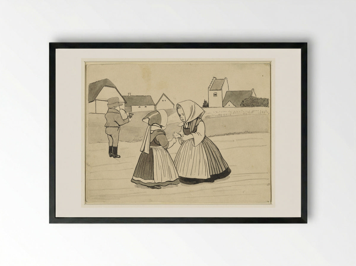 Twee meisjes en een jongen, die een pijp rookt, op een landweg - Alfred Michael Roedstad Schmidt - Framed Print Black