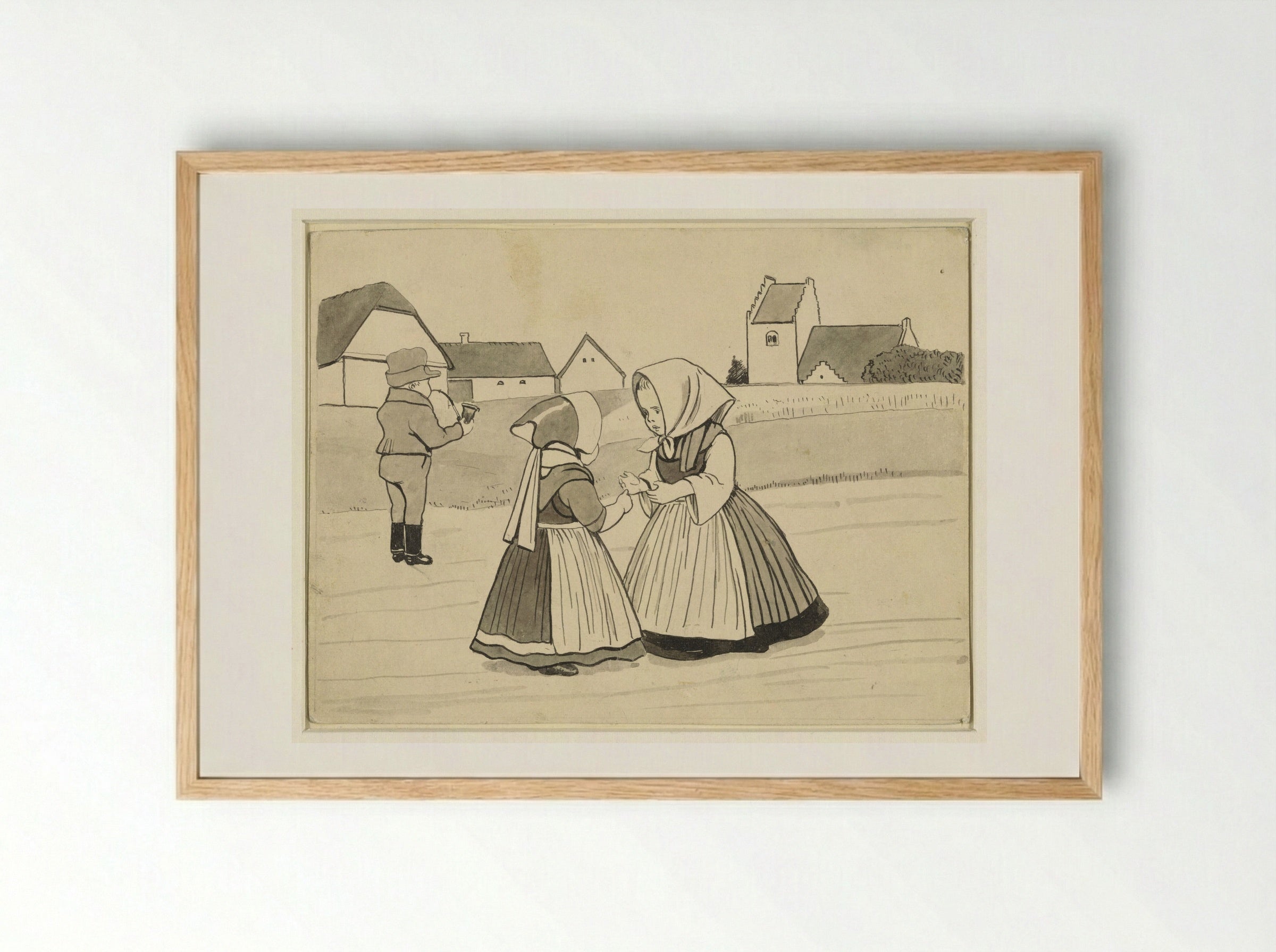 Twee meisjes en een jongen, die een pijp rookt, op een landweg - Alfred Michael Roedstad Schmidt - Framed Print Wood