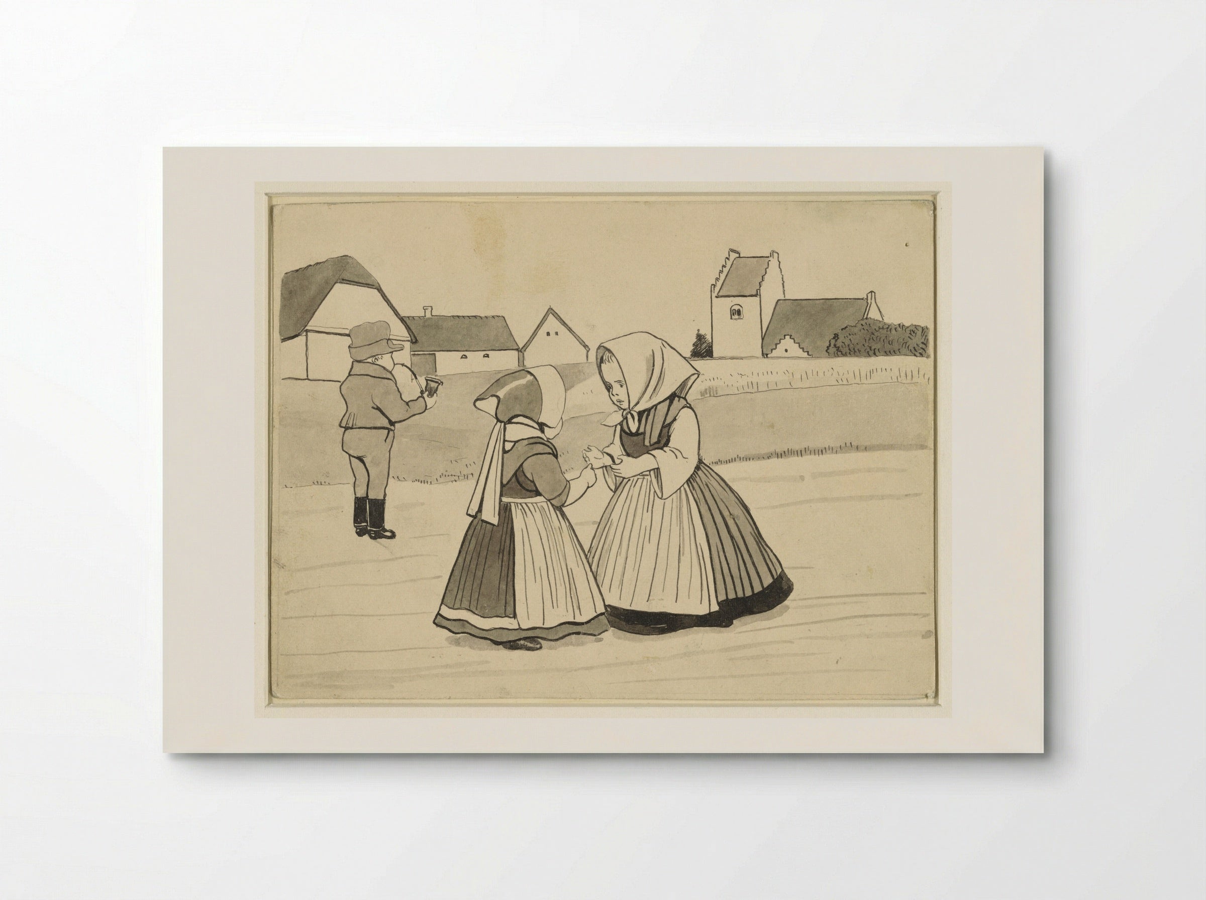 Twee meisjes en een jongen, die een pijp rookt, op een landweg - Alfred Michael Roedstad Schmidt - Poster