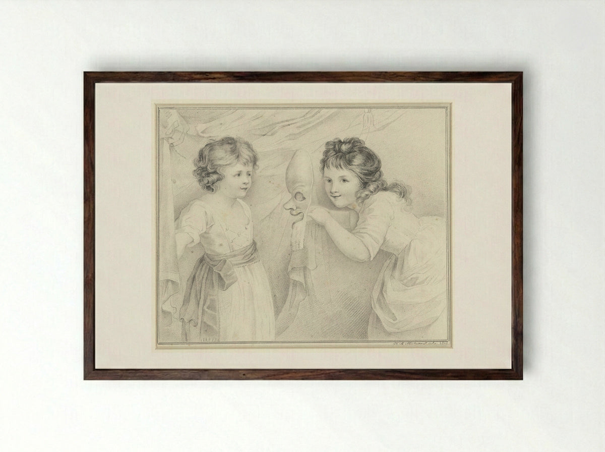 Twee meisjes met een masker - H.A. Moulinneuf - Framed Print Dark Wood