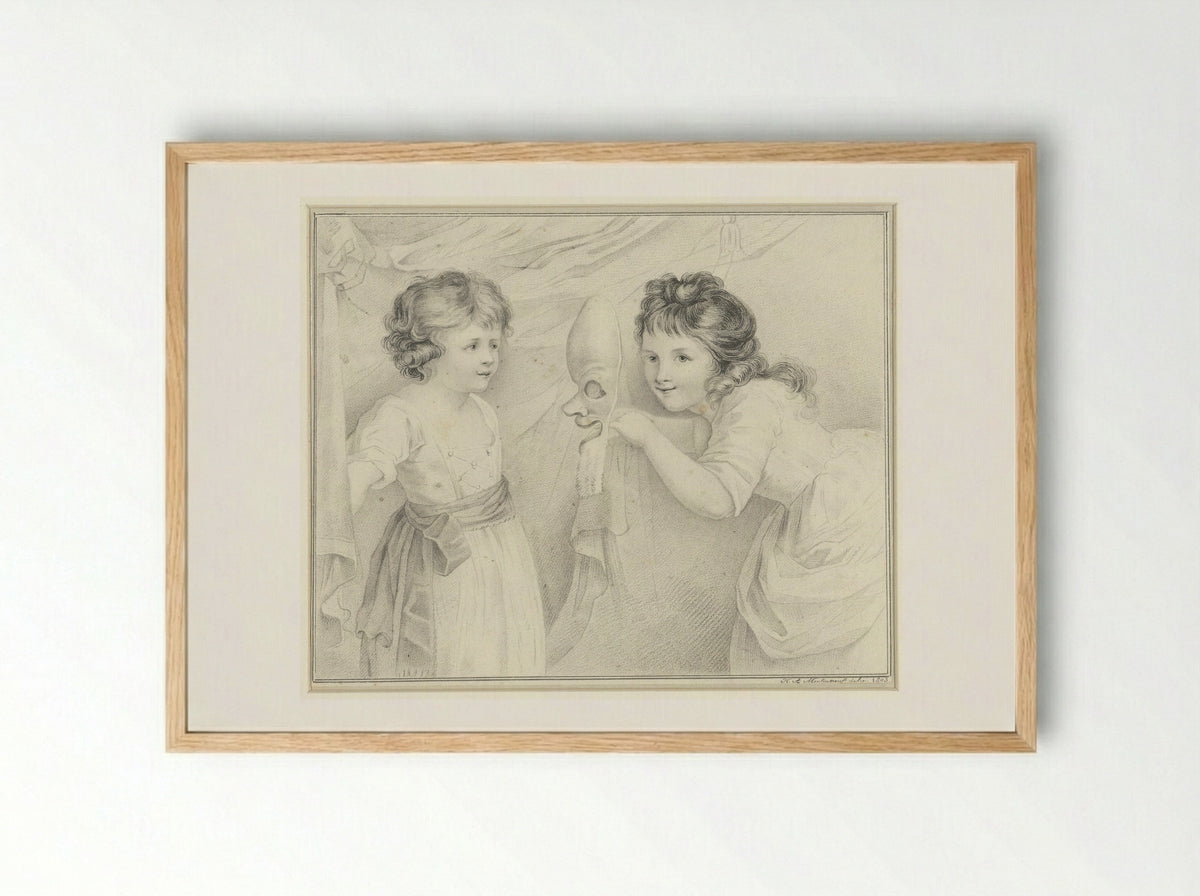 Twee meisjes met een masker - H.A. Moulinneuf - Framed Print Wood