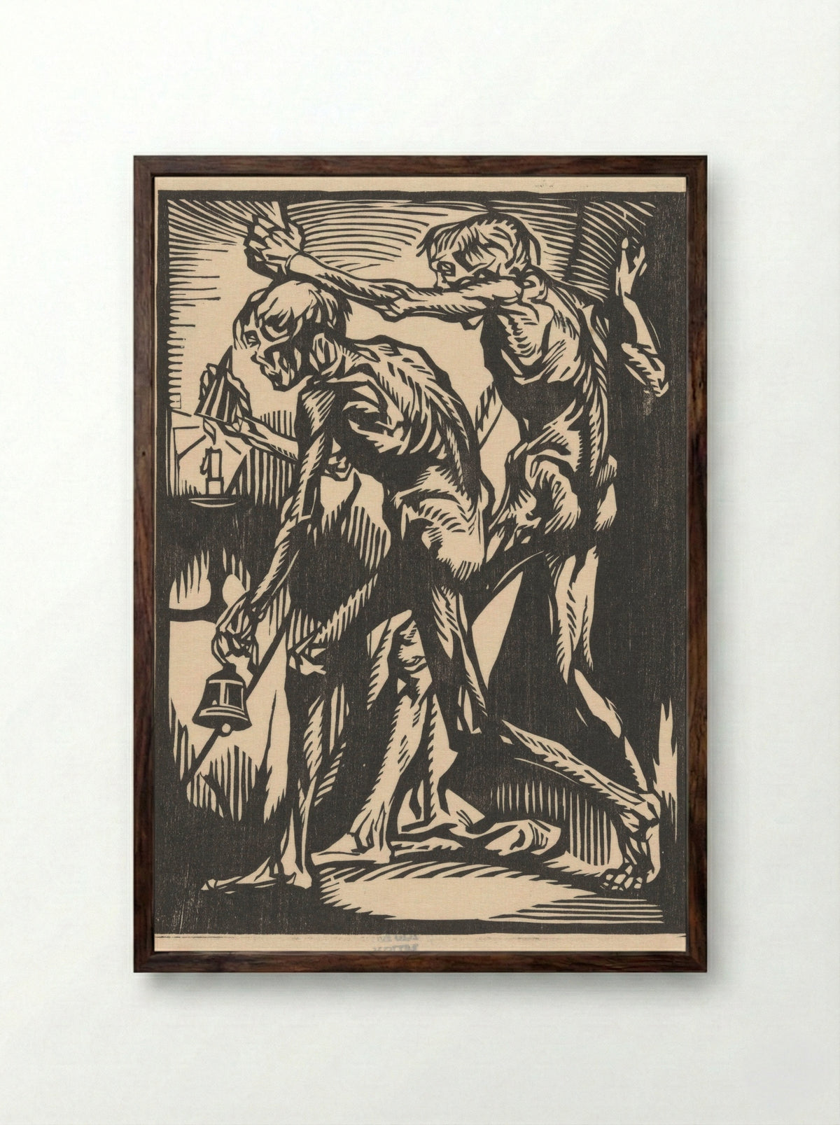 Twee naakte mannenfiguren met bel en kaarsendover - Johannes Josephus Aarts - Framed Print Dark Wood