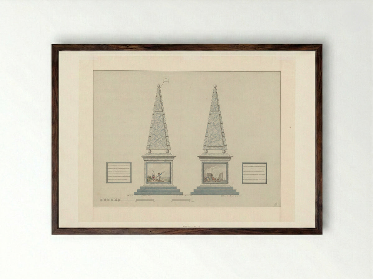 Twee obelisken voor het Alliantiefeest in de Plantage te Amsterdam, 19 juni 1795 - Fine Art Print - Framed Print Dark Wood
