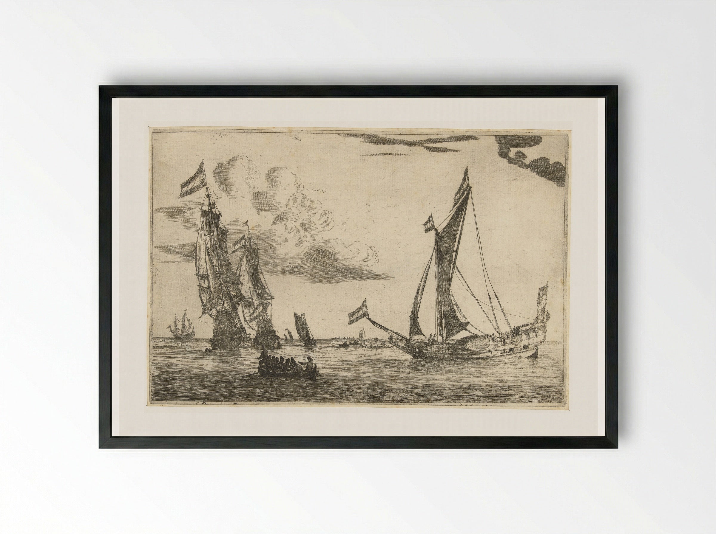 Twee oorlogsschepen en een jacht - Reinier Nooms - Framed Print Black