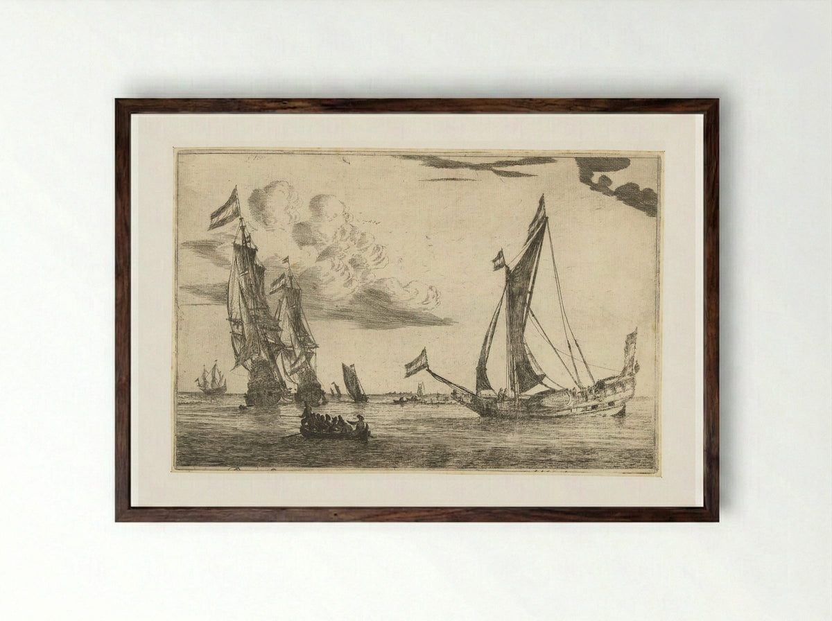 Twee oorlogsschepen en een jacht - Reinier Nooms - Framed Print Dark Wood