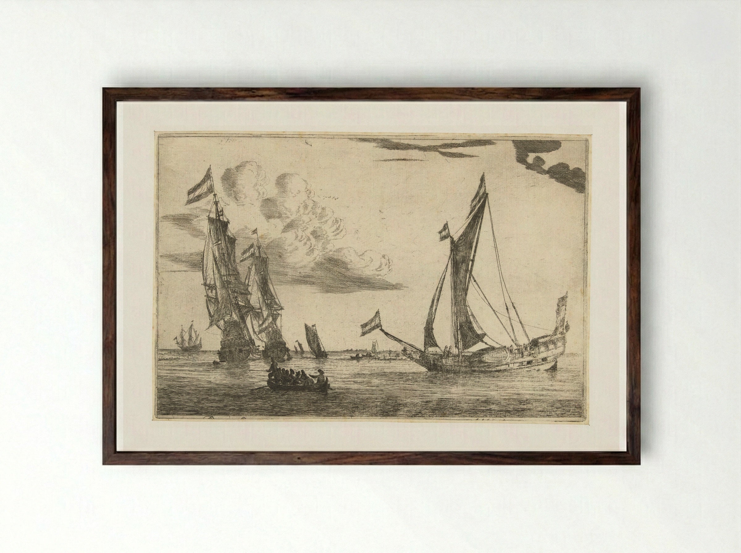 Twee oorlogsschepen en een jacht - Reinier Nooms - Framed Print Dark Wood
