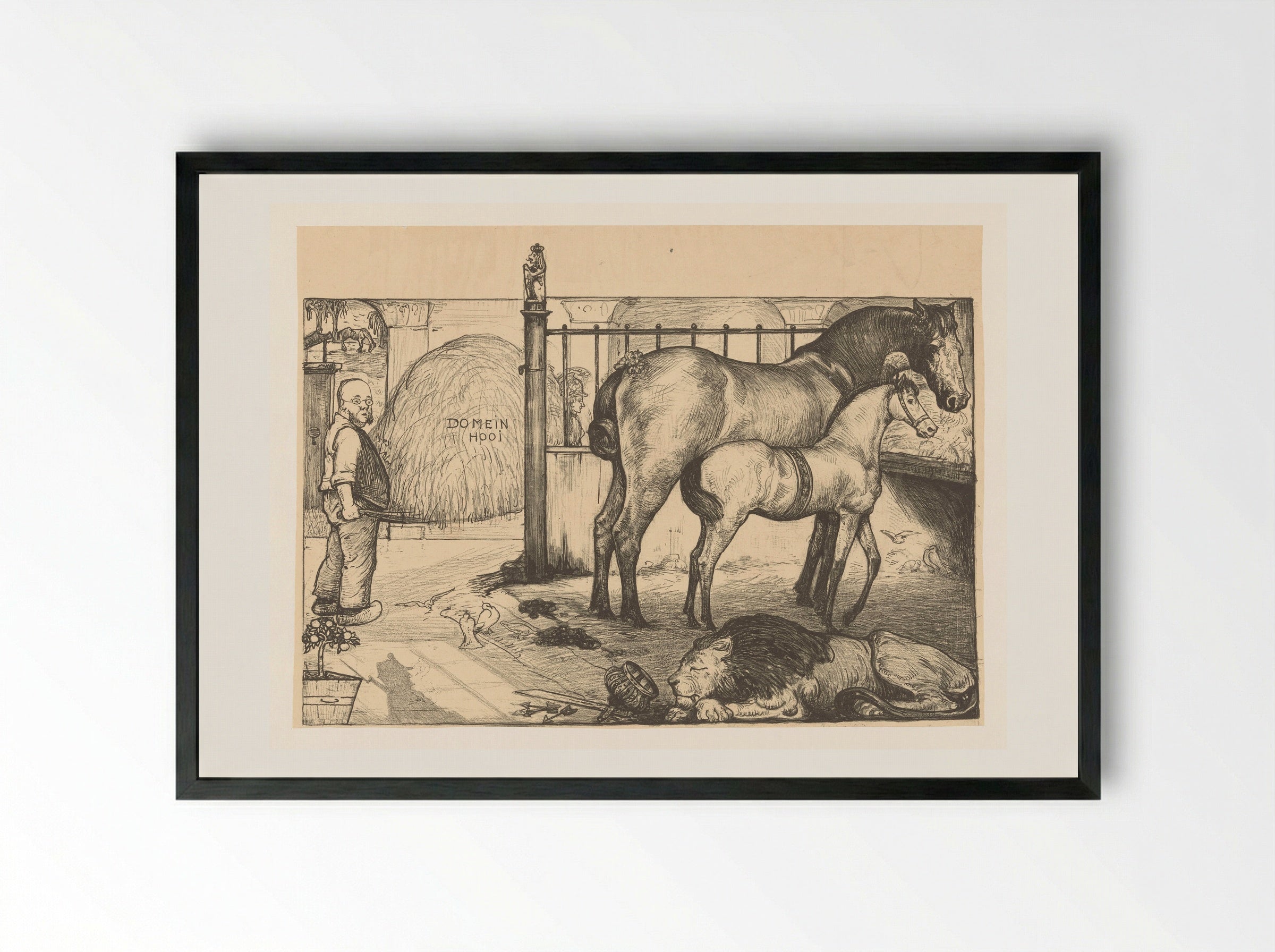 Twee paarden bij een hooiruif in een stal - Richard Nicolaüs Roland Holst - Framed Print Black