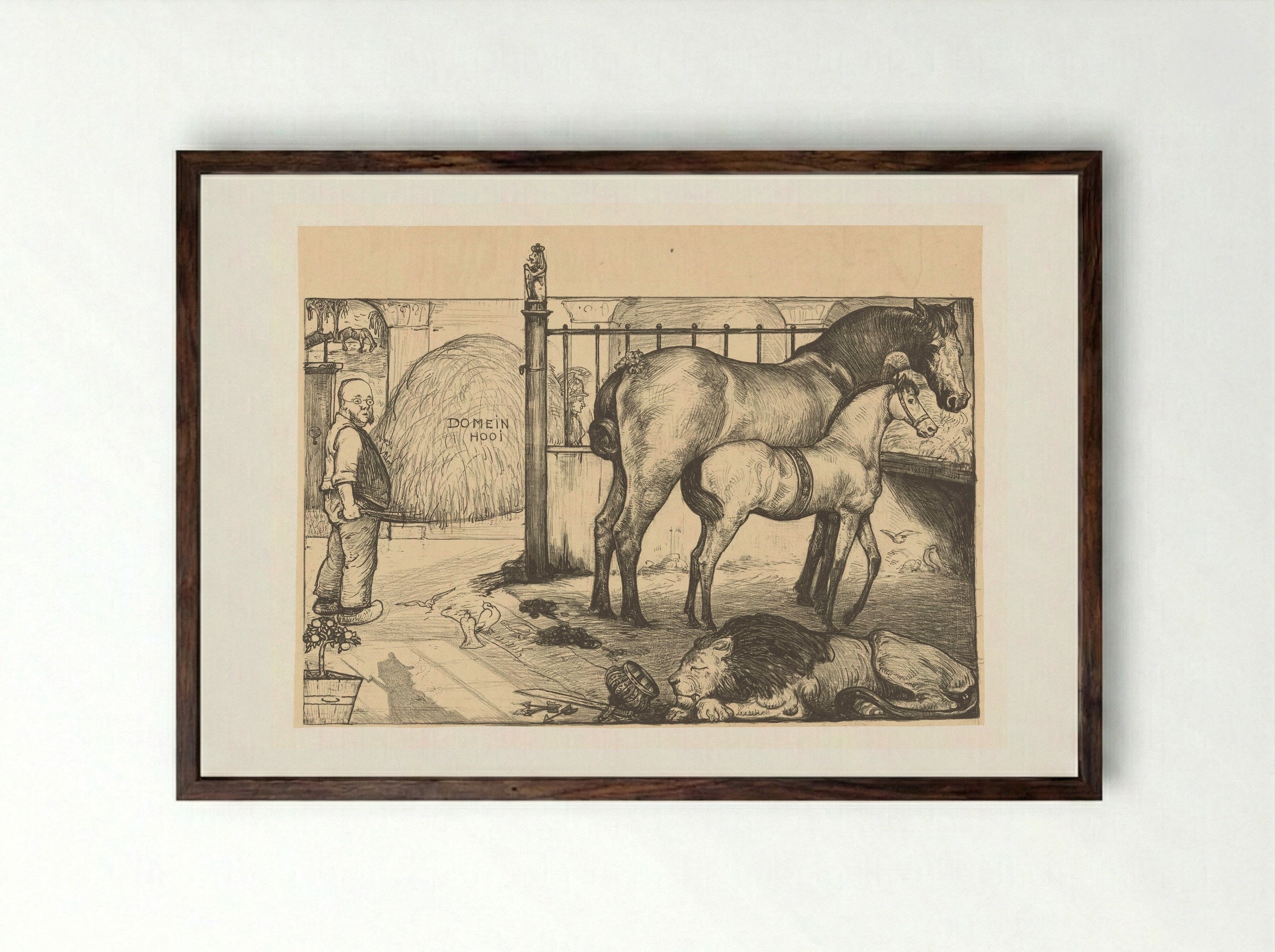 Twee paarden bij een hooiruif in een stal - Richard Nicolaüs Roland Holst - Framed Print Dark Wood