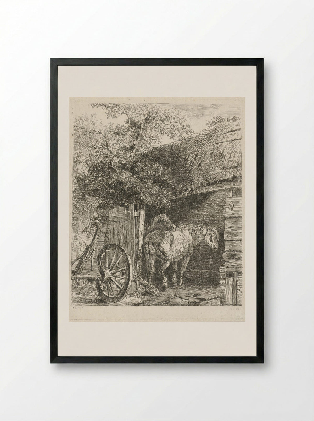 Twee paarden in een boerenschuur - Pieter Gerardus van Os - Framed Print Black