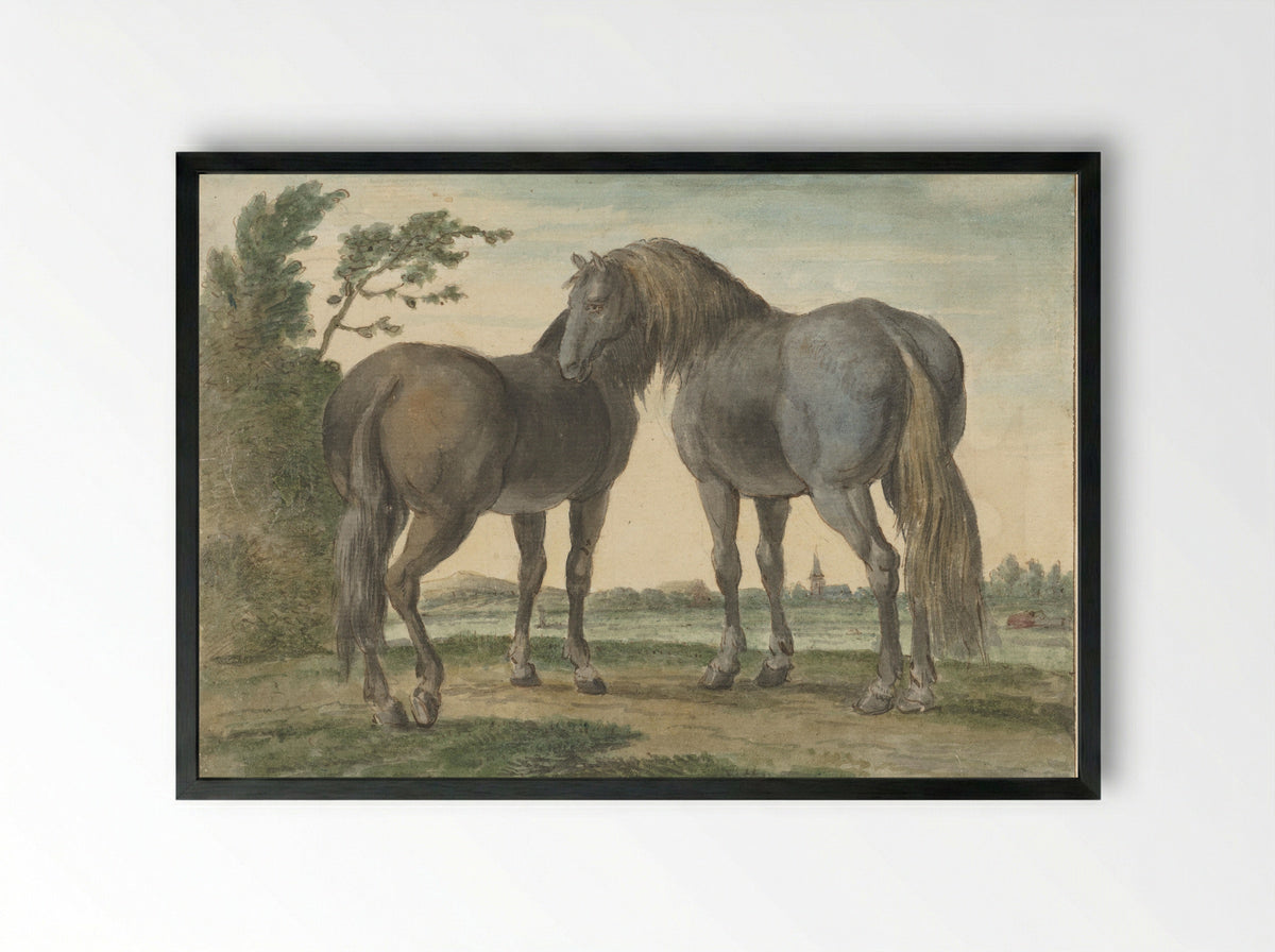 Twee paarden in een weide, op de achtergrond een kerktoren - Hendrik Stokvisch - Framed Print Black