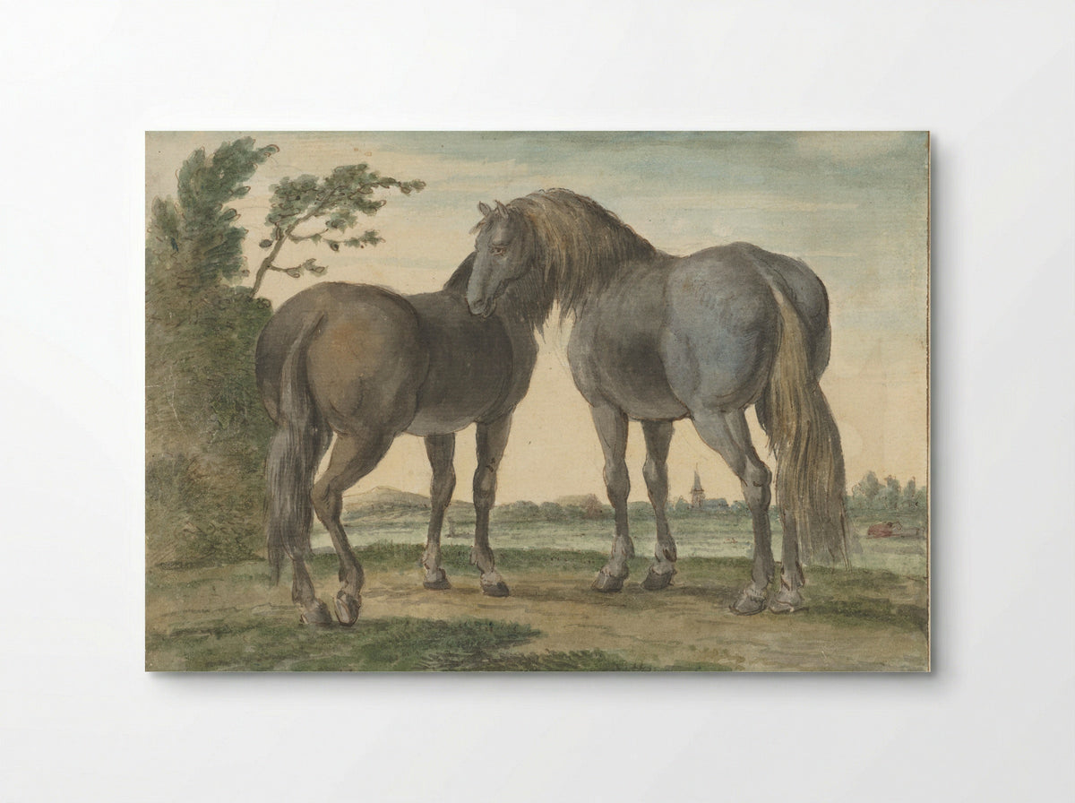 Twee paarden in een weide, op de achtergrond een kerktoren - Hendrik Stokvisch - Poster
