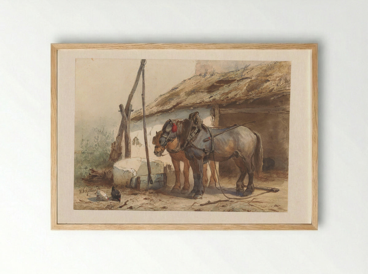 Twee paarden staand voor een stal - Wouter Verschuur - Framed Print Wood