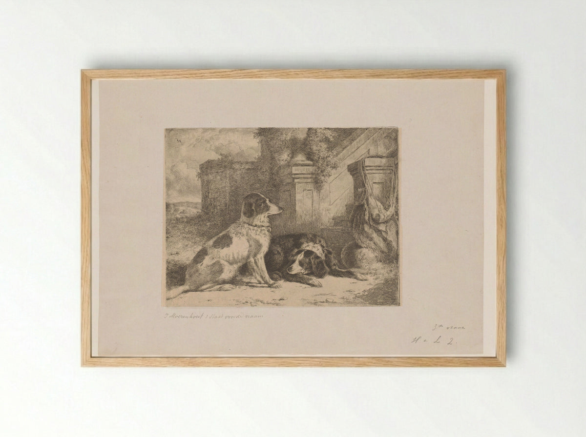 Twee patrijshonden bij een trap - Joseph Moerenhout - Framed Print Wood