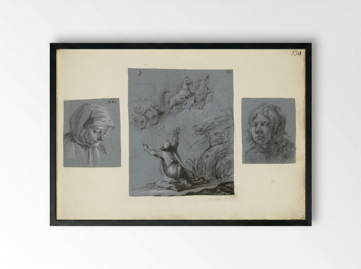 Twee portretten en De hemelvaart van Elia - Moses ter Borch - Framed Print Black