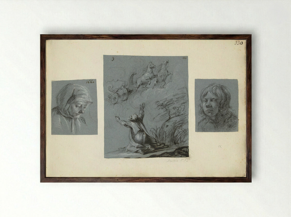 Twee portretten en De hemelvaart van Elia - Moses ter Borch - Framed Print Dark Wood