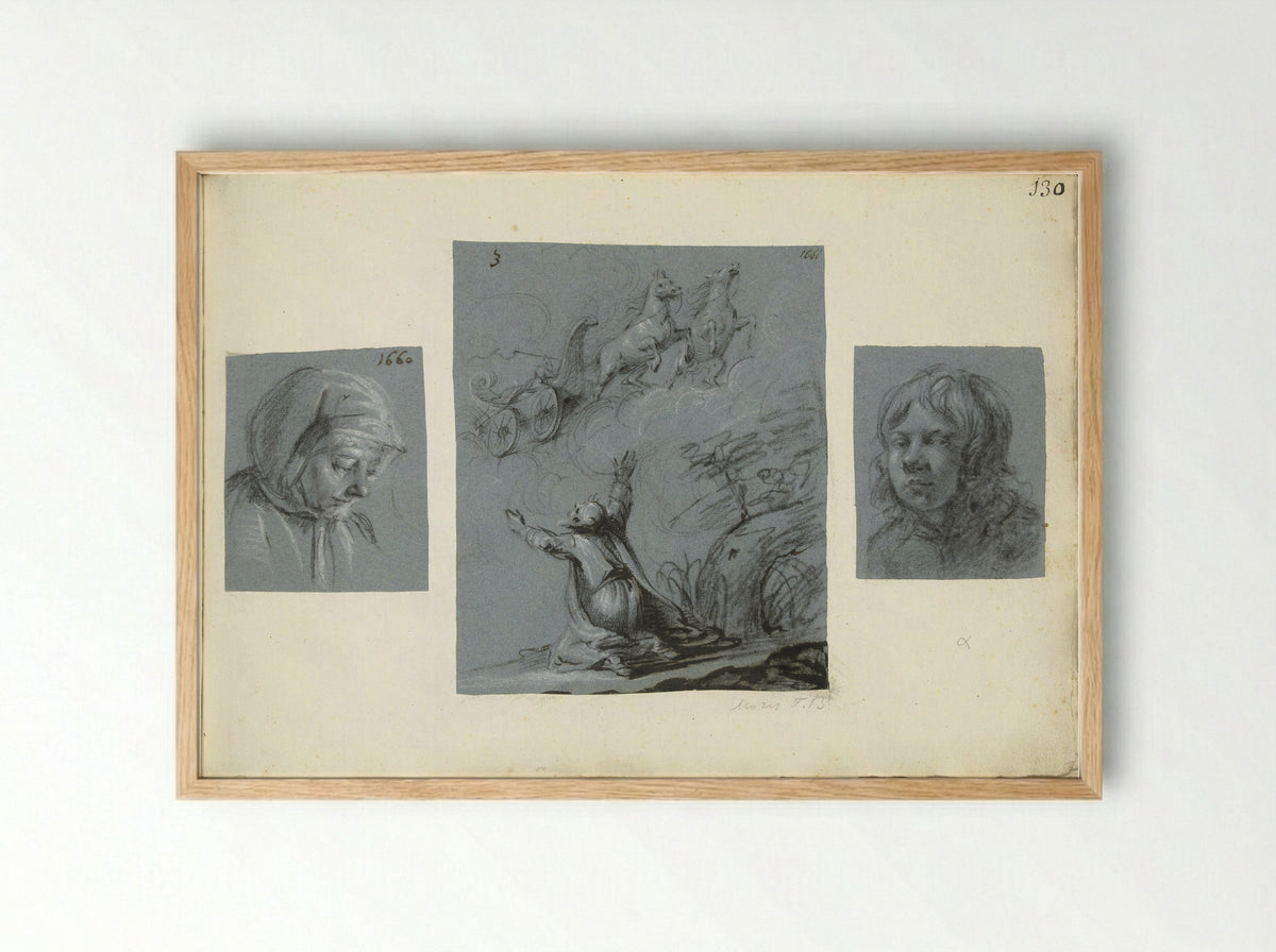 Twee portretten en De hemelvaart van Elia - Moses ter Borch - Framed Print Wood
