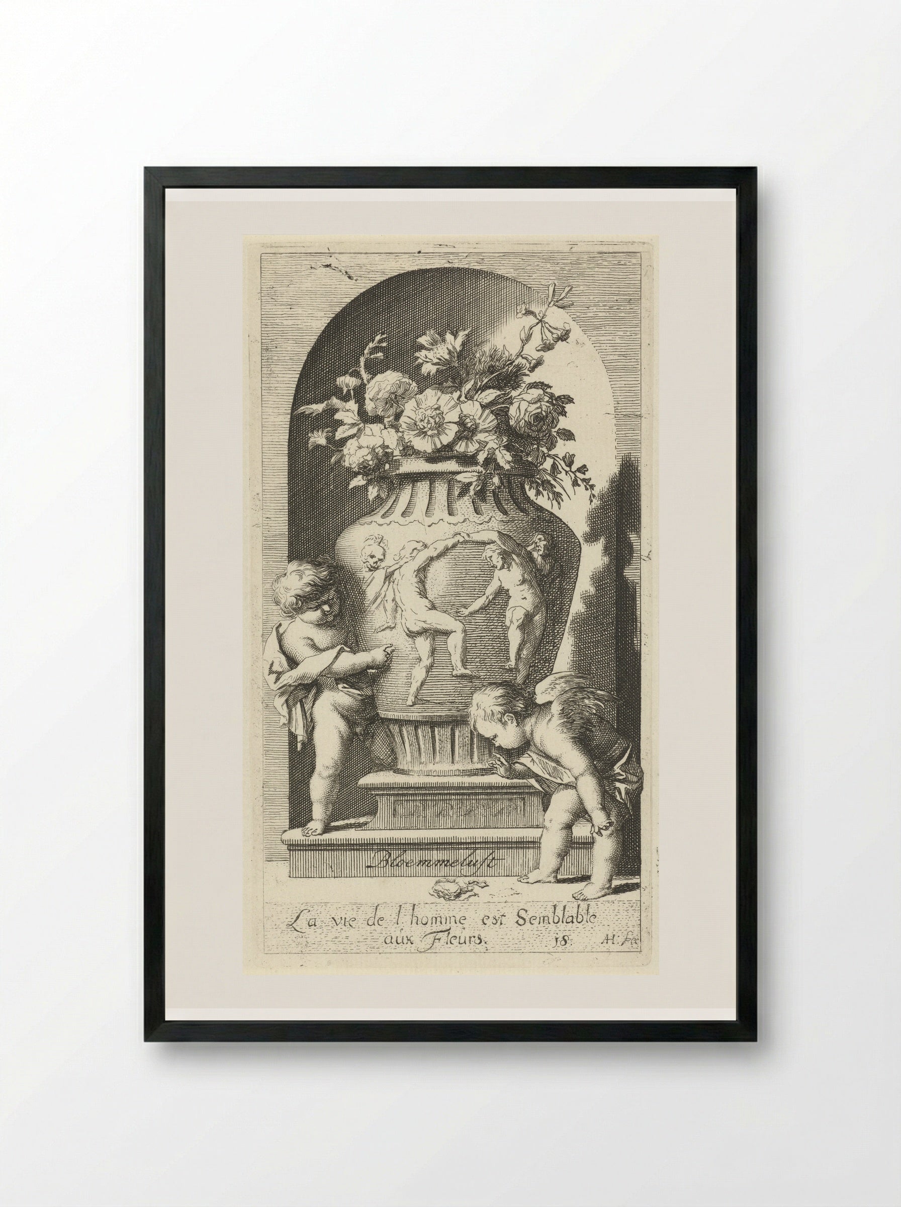 Twee putti bij een vaas met bloemen - Leonard Schenk - Framed Print Black
