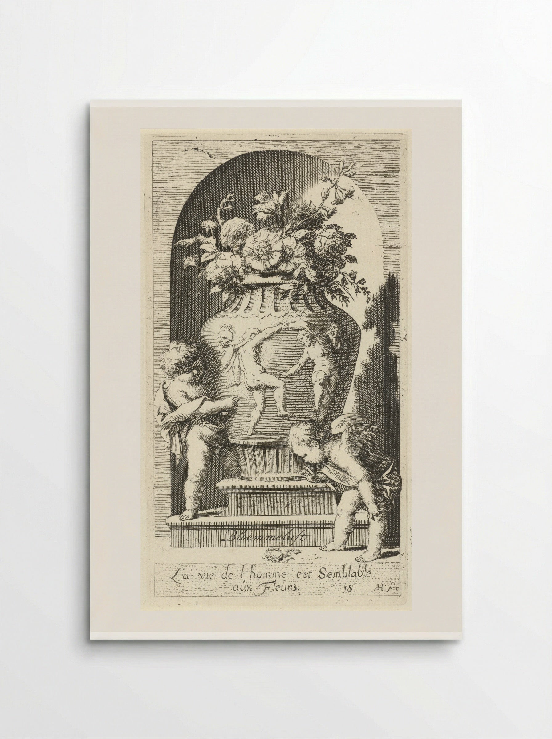 Twee putti bij een vaas met bloemen - Leonard Schenk - Poster