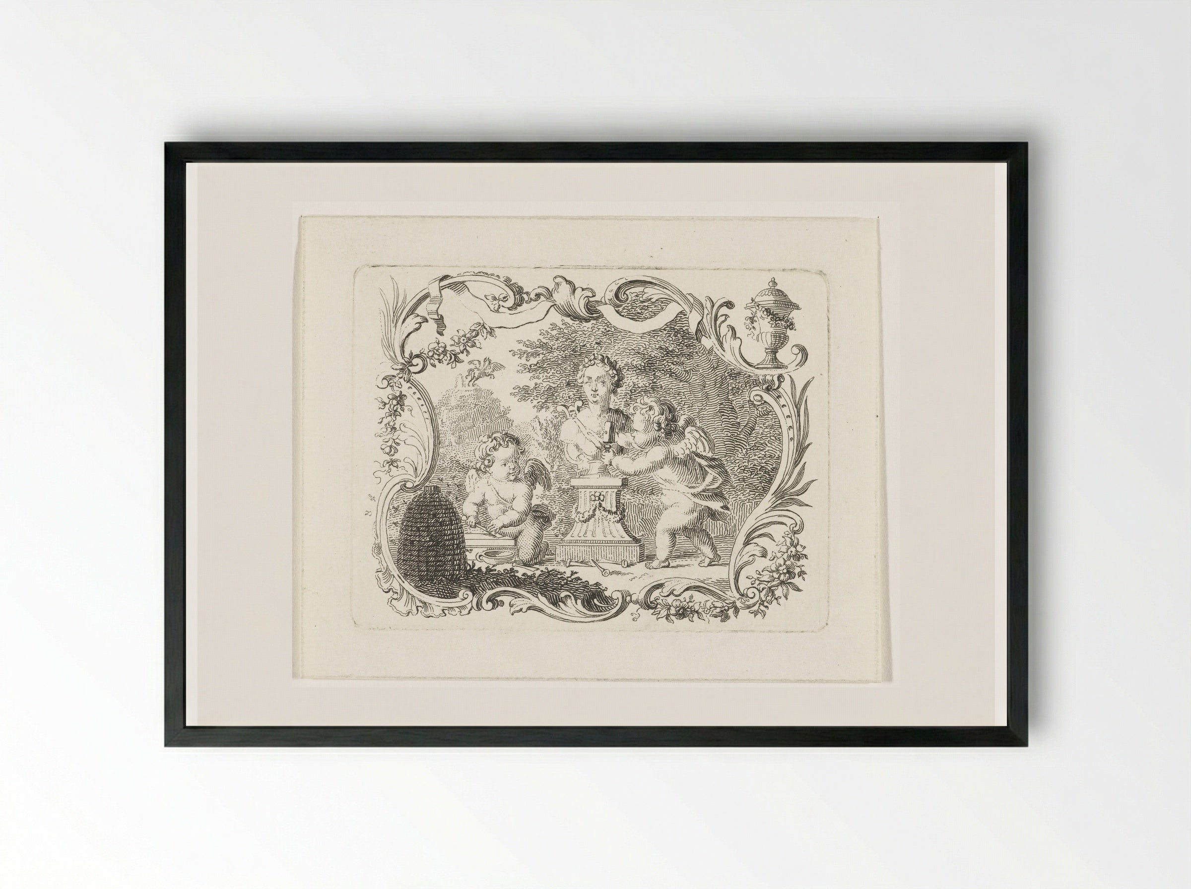 Twee putti met buste van Pan en bijenkorf in cartouche - Abraham Delfos - Framed Print Black