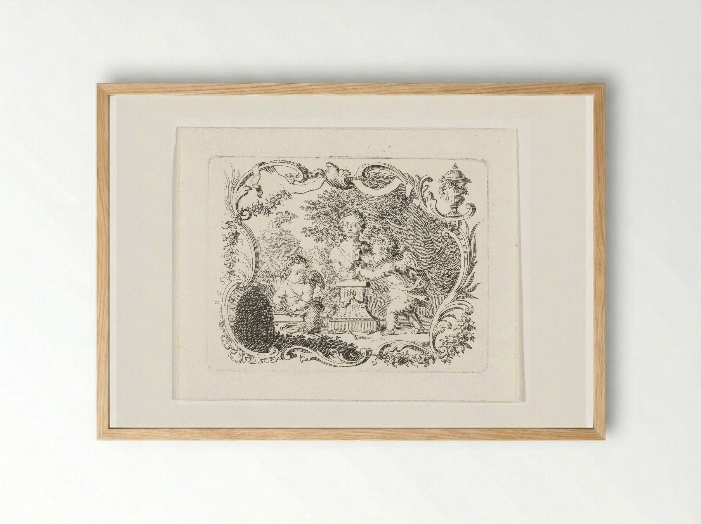 Twee putti met buste van Pan en bijenkorf in cartouche - Abraham Delfos - Framed Print Wood