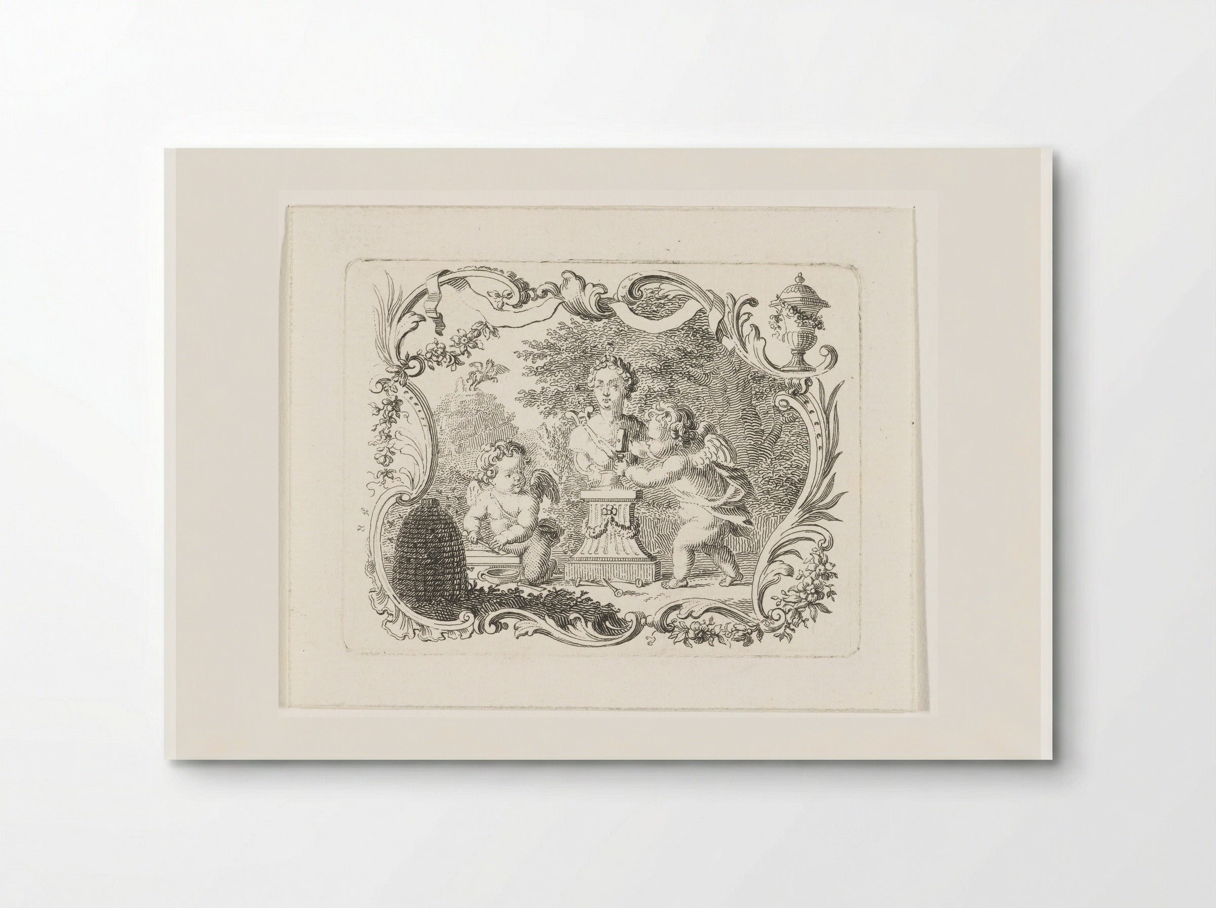 Twee putti met buste van Pan en bijenkorf in cartouche - Abraham Delfos - Poster